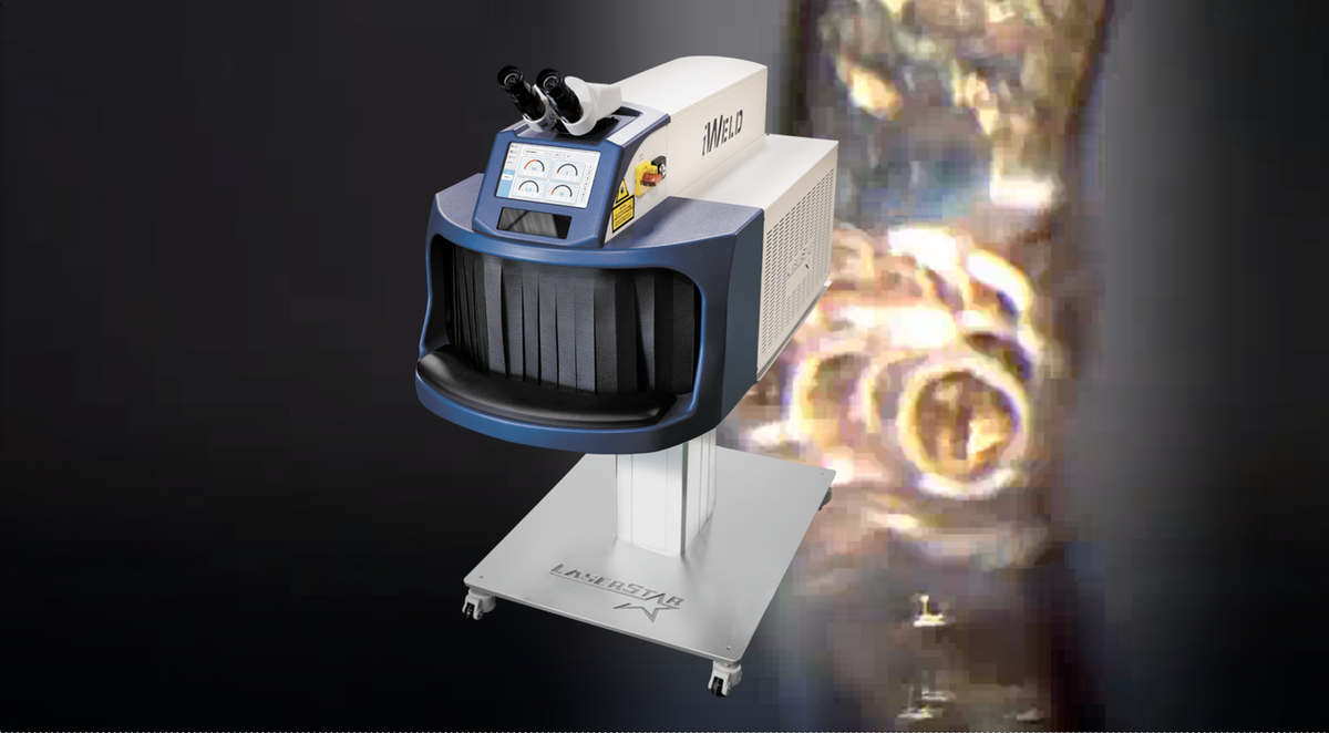 LaserStar 995 Series iWeld F300 fibre laser welder over a microscopic close-up of a weld on a jewellery ring.